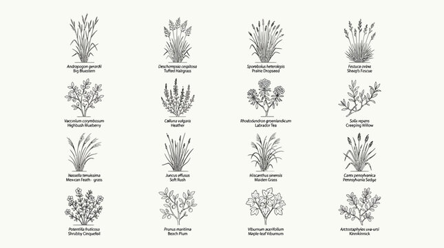 native plants and botanical illustration for plant identification showcasing diverse grasses and shrubs in ecological design.