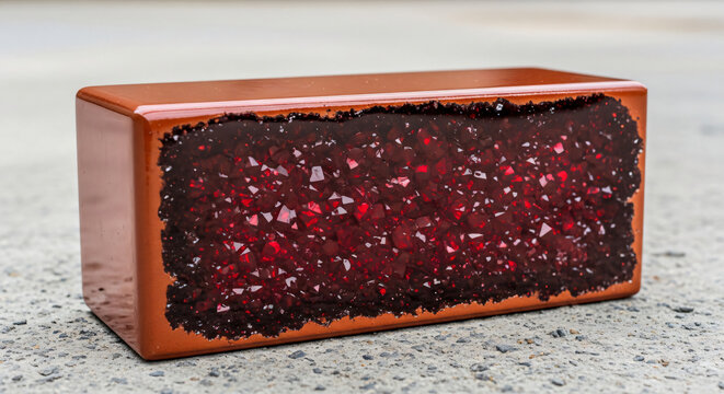 Polished Brown Brick Filled with Sparkling Red Crystals on Asphalt