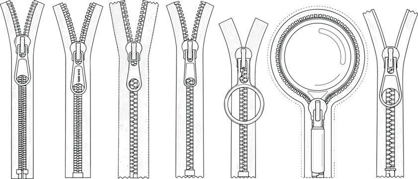 CAD drawing flat vector illustration of zipper types, front views, technical garment hardware sketch, fashion accessory elements, isolated zipper design