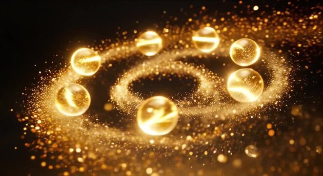 Golden sphere orbit abstract background with glowing light particles, sparkling dust, swirl motion, festive bokeh, elegant fantasy scene and dark space orb effect