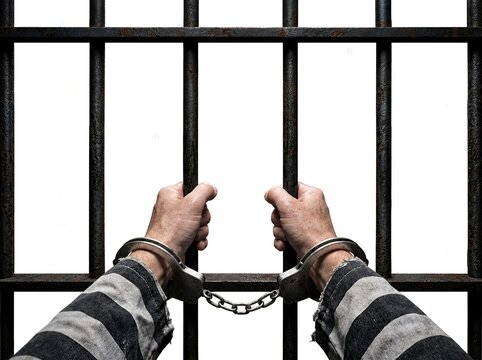 Prisoner gripping jail cell bars while wearing handcuffs isolated on white background. For legal consequences, detention, correctional facilities, and prison system