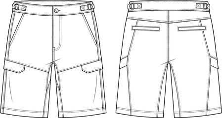 Fototapeta premium Men's Cargo Shorts Technical Fashion Flat Sketch Front and Back Apparel Vector Template
