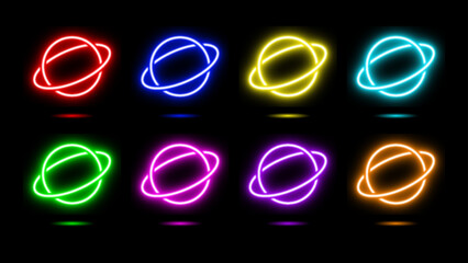 Colorful Neon Planet Icon Collection Set with Glowing Orbit Rings and Cosmic Space Symbols on Black Background. Vector illustration © ZHD Studio