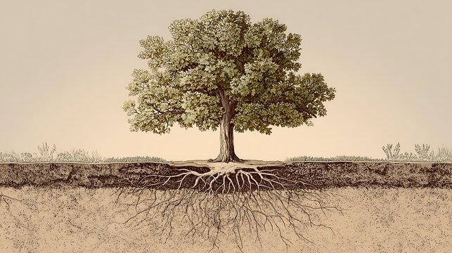 Vintage illustration of a majestic tree showing deep roots underground.