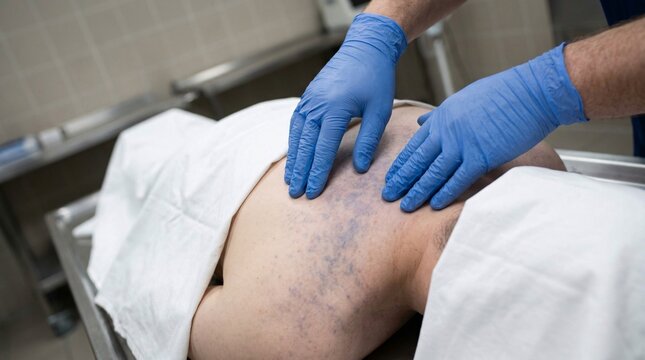 Forensic investigator analyzing postmortem lividity spots on dead body back during autopsy