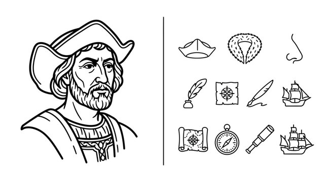 Christopher Columbus Portrait and Historical Nautical Exploration Icons Set