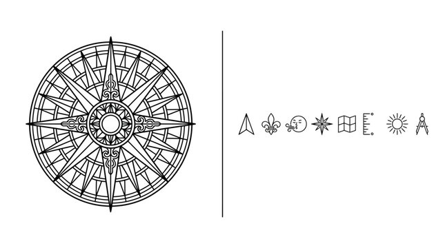 Detailed Vintage Compass Rose and Navigation Icons Set