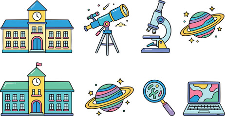School Education Icon Set with Building Telescope Microscope Planet Saturn Magnifying Glass and Laptop Vector Illustration Collection © MdJillur