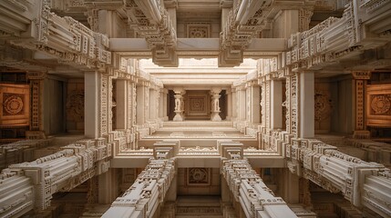 Fototapeta premium Intricate stone carved architecture of an ancient Hindu temple interior.