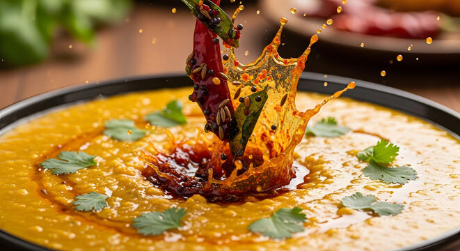 Lentil soup splash captures a dynamic moment of spices being added to the hot yellow dish bowl.