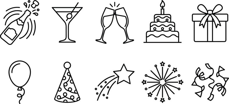 Party and Celebration Line Icon Set Featuring Birthday Cake, Champagne, Present Box, and Fireworks Symbols for Event Invitations and Festive Graphic Designs