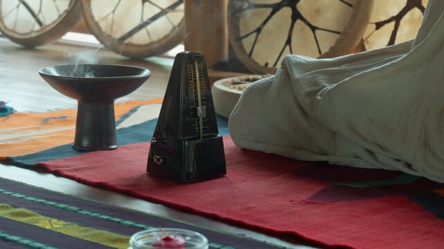 An old mechanical metronome stands on the floor counting down the rhythm.
