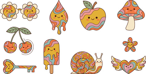 Obraz premium Retro Groovy Sticker Set with Flower Sunglasses Cherry Apple Mushroom Key Popsicle Snail and Winged Heart Cute Vector Illustration
