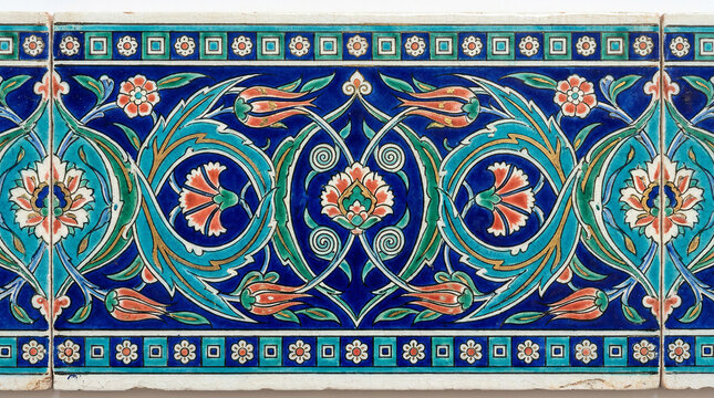 Decorative border tile featuring elaborate blue and green floral arabesque pattern.