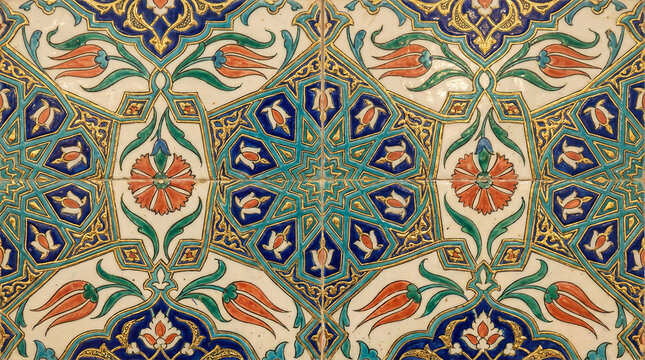 Elegant beige and blue iznik tile pattern with red carnation and gold accents.