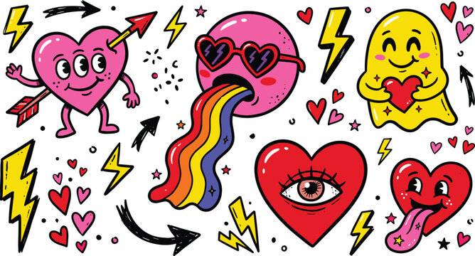 Funky Retro Heart Character Set with Rainbow Vomit Sunglasses Ghost Eye and Tongue Cartoon Vector Illustration for Sticker Design
