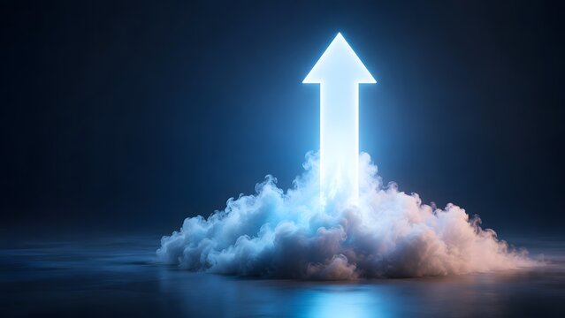 Business breakthrough success concept with glowing blue upward arrow emerging from smoke representing rapid growth and futuristic innovation launch