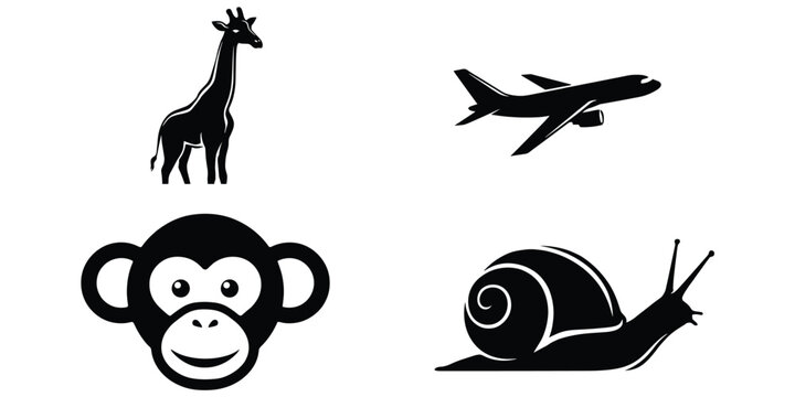 Silhouette illustration collection with giraffe, airplane, monkey face, snail, animals and machine contrast, nature versus technology design flat vector illustration