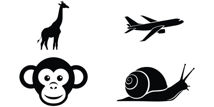 Silhouette illustration collection with giraffe, airplane, monkey face, snail, animals and machine contrast, movement nature technology design flat vector illustration