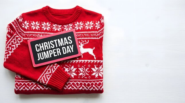 Festive red christmas sweater with reindeer and 'christmas jumper day' sign