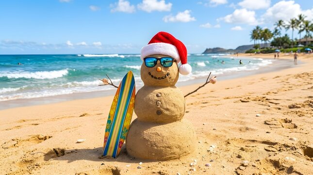 Sandy snowman with surfboard on tropical beach for holiday season