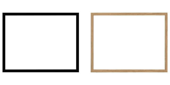 Minimalist empty photo frames with black border and wooden border side by side on white background interior design flat vector illustration