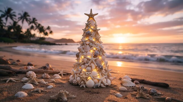Seashell christmas tree on beach at sunset coastal holiday decor