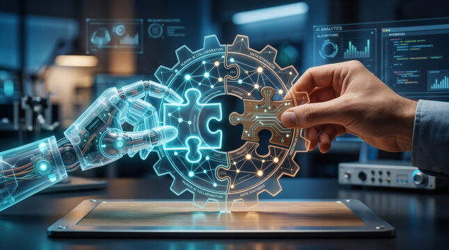 A concept image showing a human hand and a robotic, translucent hand working together to assemble a puzzle shaped like a gear or a graph. Symbolizes human-AI collaboration for problem-solving.