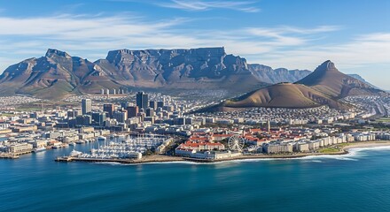 Obraz premium Scenic coastal town nestled between mountains and sea.