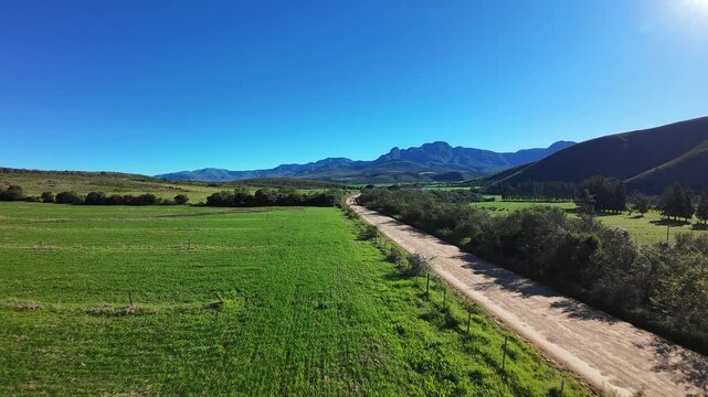 Two fit cyclists riding along a gravel road through green farmlands. 