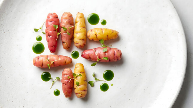 Roasted oca roots arranged in geometric fine dining style with herb oil