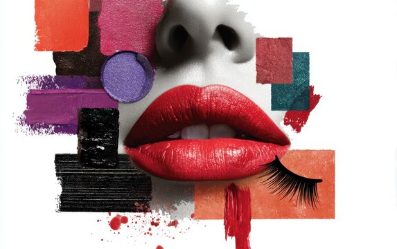 Red lip makeup collage with texture swatches lipstick cosmetics eyelashes abstract creative aesthetic feminine luxurious contrast vibrancy cosmetic professional