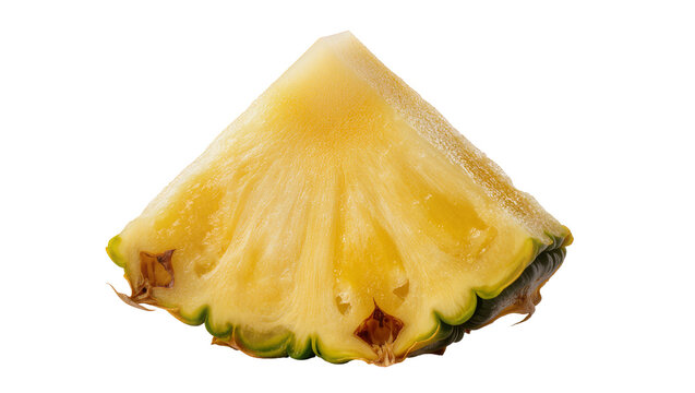 Isolated refreshing and juicy fresh pineapple slice with natural green rind, a healthy tropical fruit wedge