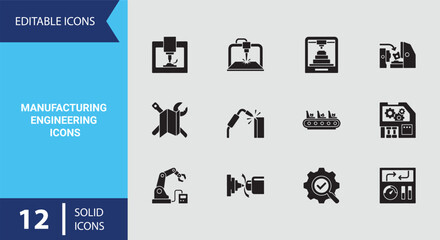 Fototapeta premium Solid Precision Manufacturing and Assembly Line Icons for Commercial Production Technology Graphics