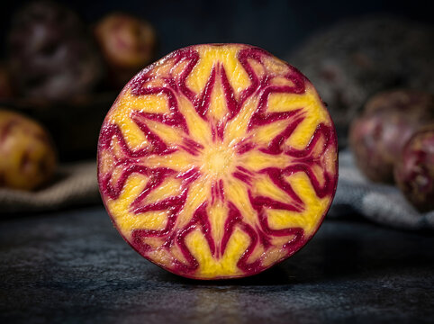 Macro sliced oca tuber showing vibrant colorful natural patterns