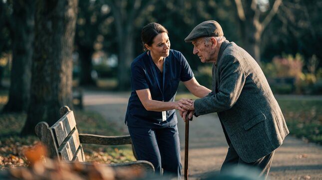 caregiver elderly support woman assisting elderly man with a cane in a park demonstrating a helping hand and a compassionate bond