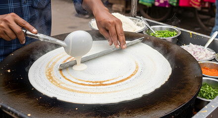 Obraz premium Street vendor spreads thin fermented batter onto a hot flat iron pan to create a crispy dosa.