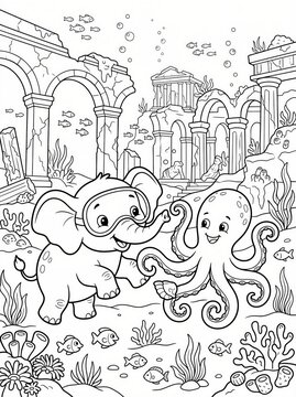 Coloring page, cute elephant playing with a friendly octopus.