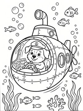 Coloring page, cute dog steering a submarine underwater.