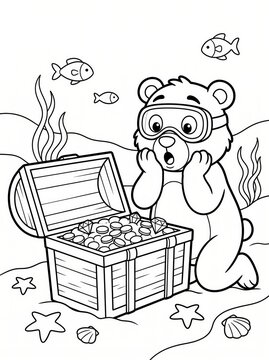 Coloring page, surprised bear opening a treasure chest underwater.