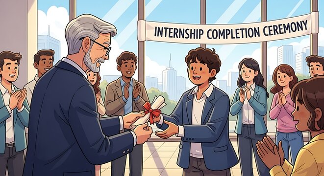 Internship completion ceremony with graduates and mentors.
