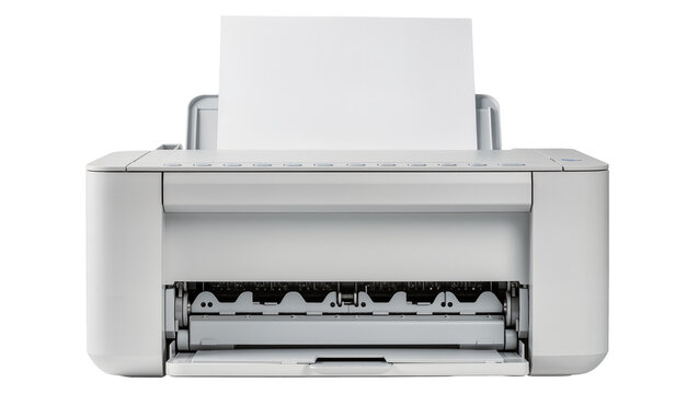 Isolated modern gray inkjet printer with blank paper ready for printing documents.