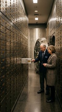 Two people examining documents in a vault with safety deposit boxes.