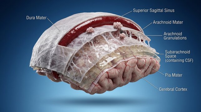 A detailed anatomical illustration of the human brain's meninges and structures