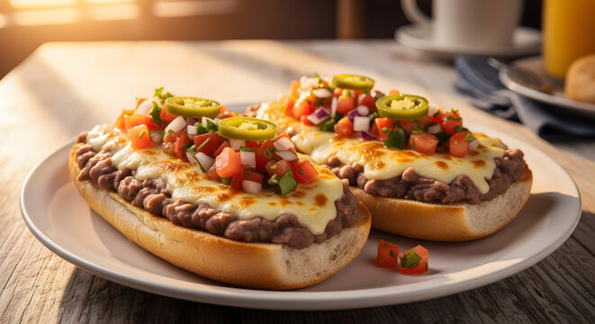 Molletes topped with melted cheese and fresh pico de gallo sit ready on a rustic wooden table.