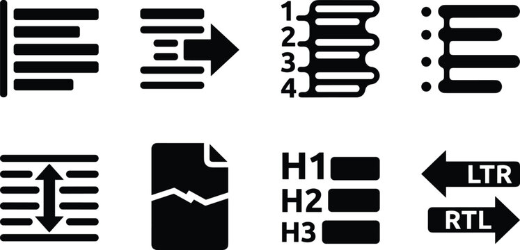Text Formatting and Document Editing Icons Set with Lists Alignment Headings and Direction Controls