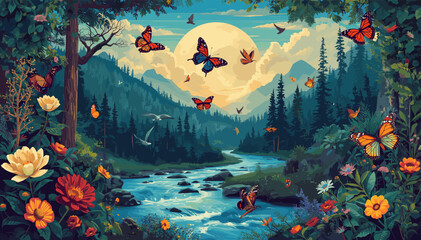 A vibrant fantasy landscape with a river, mountains, lush forest, colorful flowers, and numerous butterflies under a large sun. © Teko
