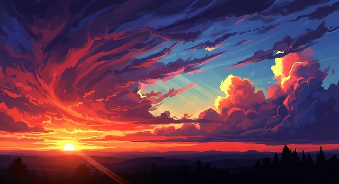 Dramatic sunset over mountain landscape with clouds.