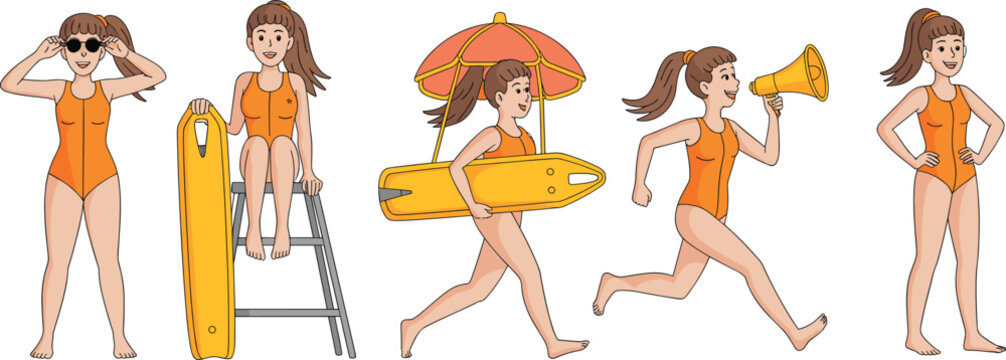 Cartoon lifeguard girl character set vector illustration showing beach safety poses with megaphone, float, umbrella and ladder, summer rescue lifestyle isolated flat design collection