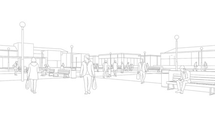 Fototapeta premium urban street scene line drawing depicting people walking and relaxing in a modern city public square ideal for architectural concepts or urban planning.